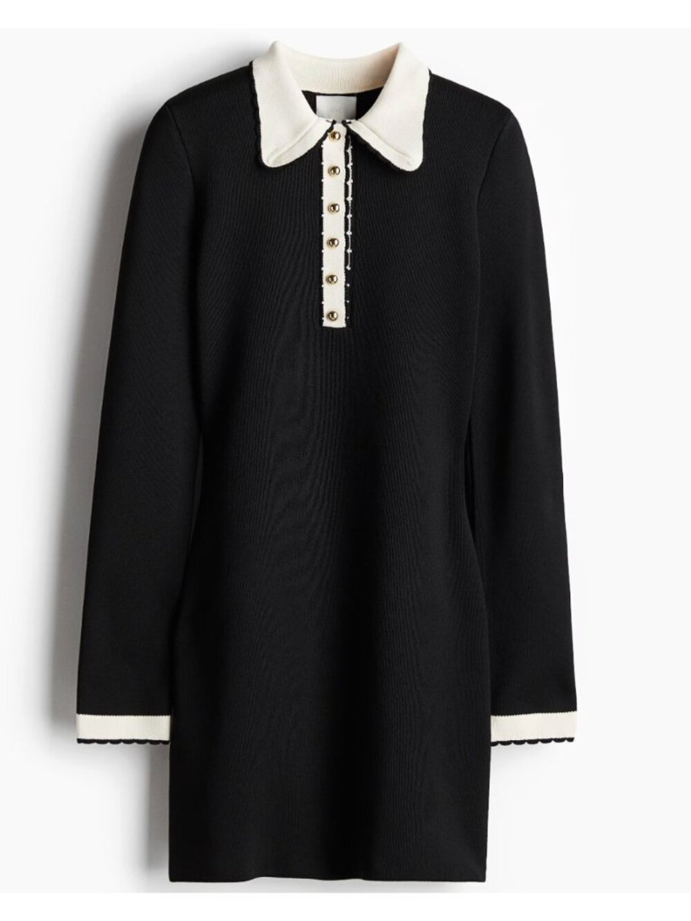 H&M Knitted Collared Dress Black White Long Sleeve Size M